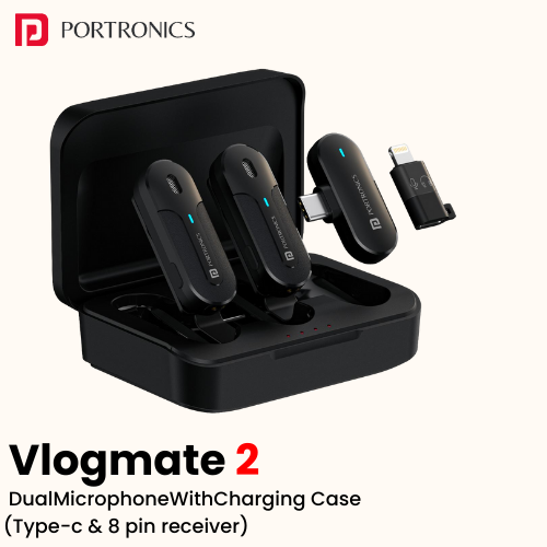 Portronics Vlogmate 2 – Dual Wireless Microphone with Charging Case (Type‑C & 8‑Pin Receiver, Custom Logo Ready)​