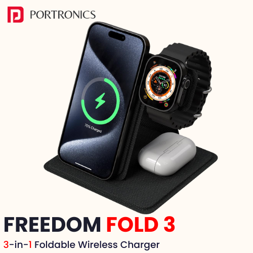 Portronics Freedom Fold 3 – 15W 3‑in‑1 Foldable MagSafe Wireless Charger​